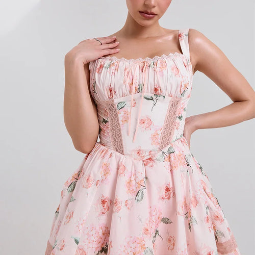 Load image into Gallery viewer, Floral Print Backless Sexy Mini Dress Women Robe Summer Fashion Square Collar Sleeveless High Waist A-line Club Dress
