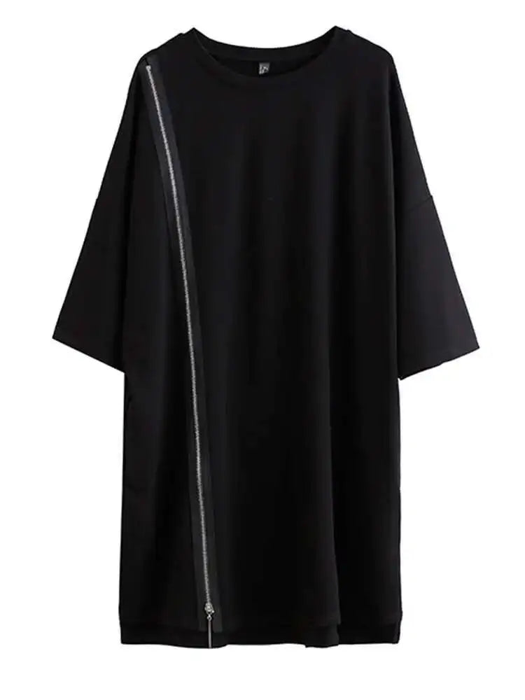 Women Black Zipper Big Size Dress New Round Neck Three-quarter Sleeve Loose Fit Fashion Tide Spring Autumn 2025 1DF5283