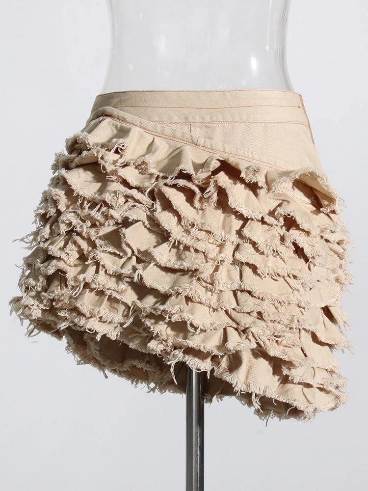 Ruffles A Line Skirts For Women High Waist Patchwork Button Asymmetrical Mini Skirt Female Fashion Clothing