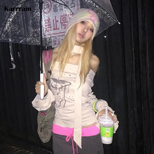 Load image into Gallery viewer, Japanese Y2k Off Shoulder Tops With Scarf Trashy 2000s Style Graffiti Print T-shirt Vintage Harajuku Flare Sleeve Tops
