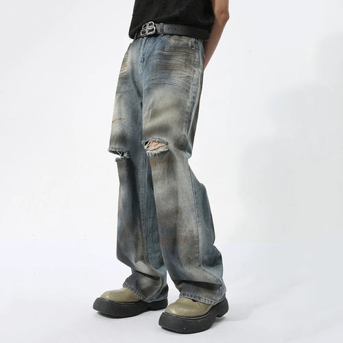 Load image into Gallery viewer, Men&#39;s Shredded Jeans Casual Retro Style Dirty Fashion Hole Design Loose Straight Wide Leg Pants Summer 9C5740
