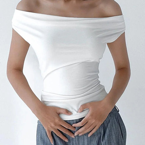 Load image into Gallery viewer, Women Summer Casual Short Sleeve Crop Tops Solid Color Off Shoulder Boat Neck Backless Slim Fit Tops Streetwear
