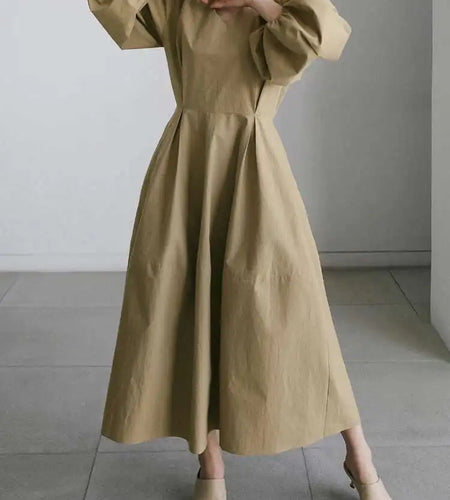 Women Kahki Elegant Big Size Long Dress New V-Neck Long Lantern Sleeve Loose Fit Fashion Tide Spring Autumn 2025  1DH0488