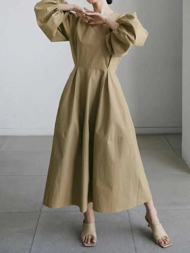Women Kahki Elegant Big Size Long Dress New V-Neck Long Lantern Sleeve Loose Fit Fashion Tide Spring Autumn 2025  1DH0488