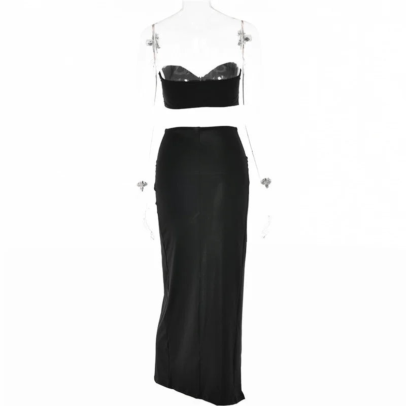 Elegant Strapless Sexy Two Piece Set Women Sleeveless Crop Top And High Split Skirt Matching Sets Party Dress Sets