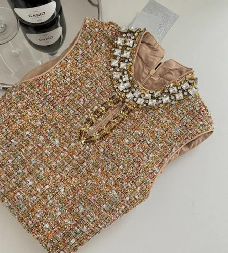 Retro 2024 Autumn Winter New Brown Diamond Woolen Sleeveless Mini Dress Women Round Neck Elegant Short Tweed Dress Popular Trend