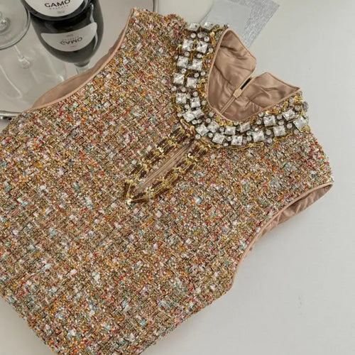 Load image into Gallery viewer, Retro 2024 Autumn Winter New Brown Diamond Woolen Sleeveless Mini Dress Women Round Neck Elegant Short Tweed Dress Popular Trend
