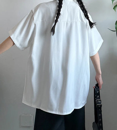 Women White Ruffles Pocket Big Size Blouse New Stand Collar Short Sleeve Shirt Fashion Tide Spring Summer 2025 1DJ0975