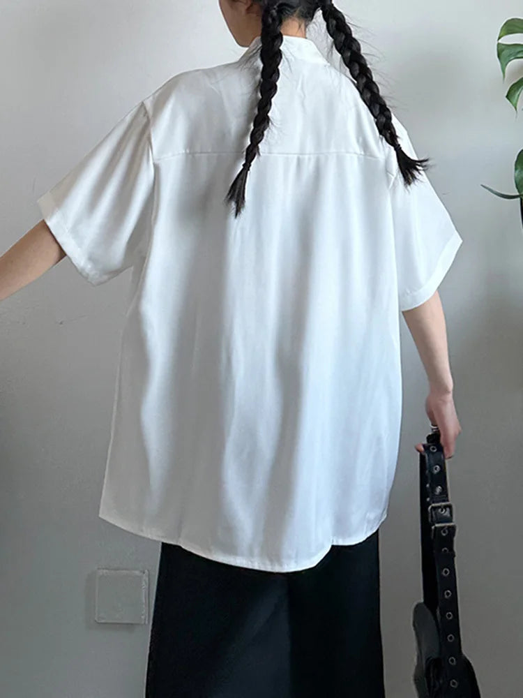 Women White Ruffles Pocket Big Size Blouse New Stand Collar Short Sleeve Shirt Fashion Tide Spring Summer 2025 1DJ0975