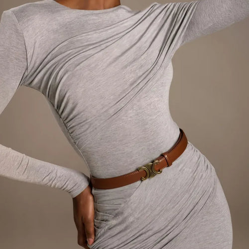 Load image into Gallery viewer, Fashion Round Neck Long Sleeve Elastic Tight Dress For Women 2025 Spring New Elegant Party Dress Slim Medium Long Dress
