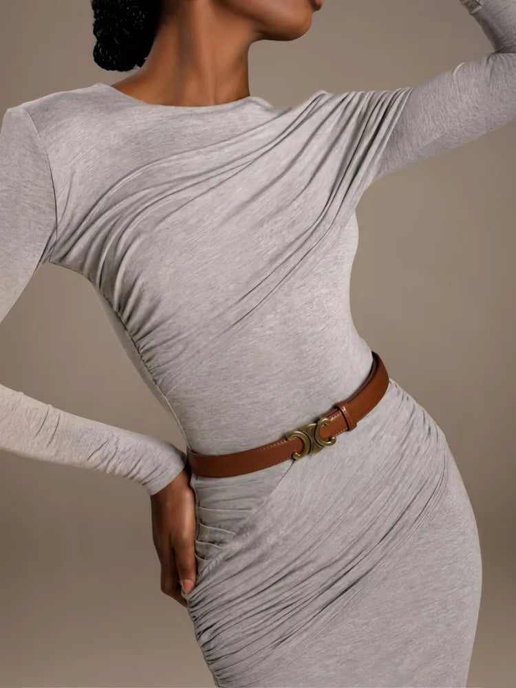 Fashion Round Neck Long Sleeve Elastic Tight Dress For Women 2025 Spring New Elegant Party Dress Slim Medium Long Dress