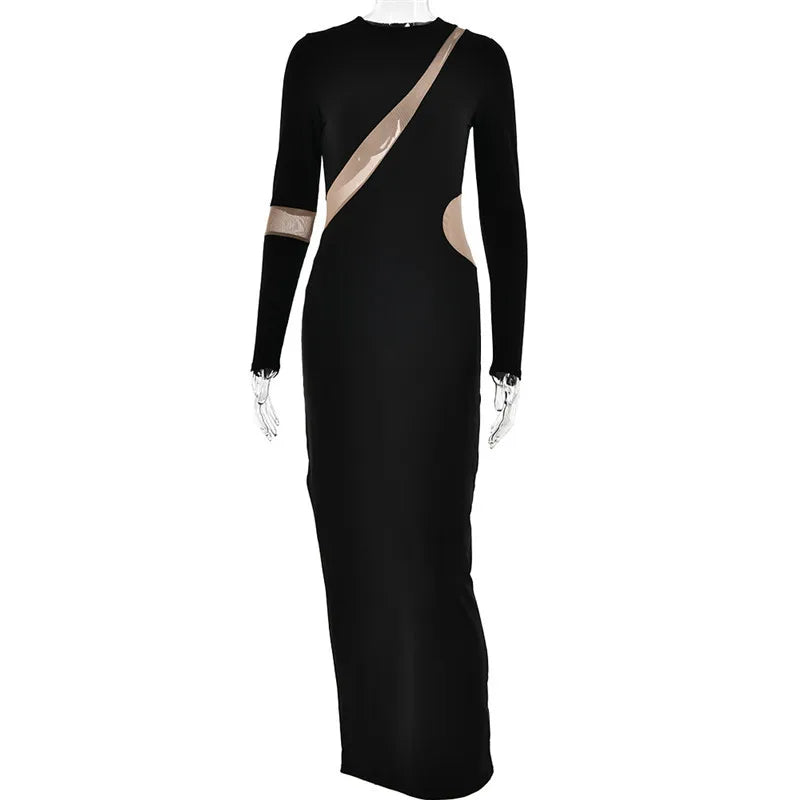 Turtleneck Long Sleeve Bodycon Maxi Dress For Women Autumn New Patchwork Hollow Out Club Party Sexy Long Dress Vestidos