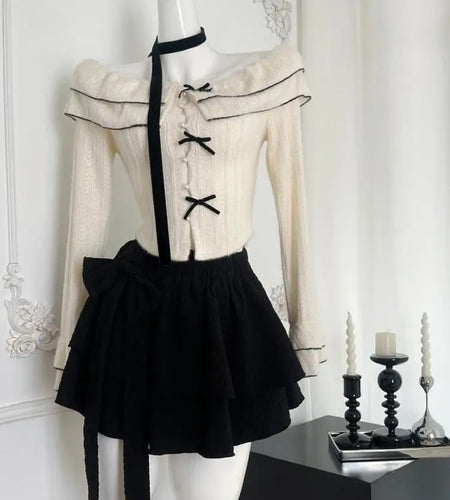 Women Autumn Winter 2024 French Beige Patchwork Knit Elegant Long Sleeved Bow Top And Black High Waist Short Skirt Two Piece Set