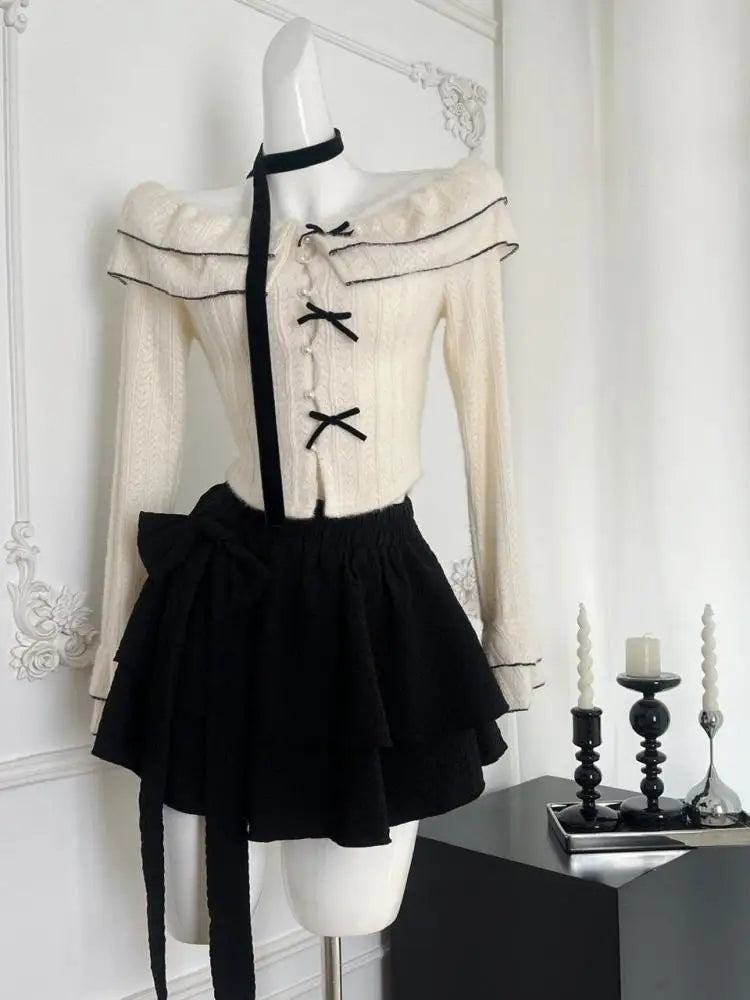 Women Autumn Winter 2024 French Beige Patchwork Knit Elegant Long Sleeved Bow Top And Black High Waist Short Skirt Two Piece Set
