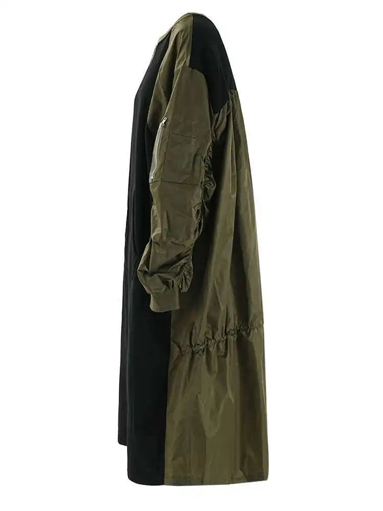 Women Army Green Color-block Big Size Midi Dress New Round Neck Long Sleeve Fashion Tide Spring Autumn 2025 CPG2092