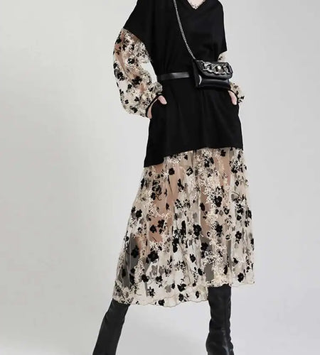 Women Pattern Printed Perspective Big Size Dress New V-Neck Long Sleeve Loose Fit Fashion Tide Spring Autumn 2025 1DE3176