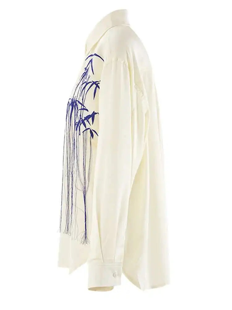 Women Black Embroidery Tassels Big Size Elegant Blouse New Lapel Long Sleeve Shirt Fashion Tide Spring Autumn 2025 CPG2149