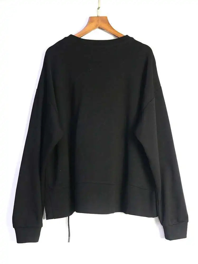 Black Topstitched Pocket Sweatshirt New Round Neck Long Sleeve Women Big Size Fashion Tide Spring Autumn 2025 1DJ0625