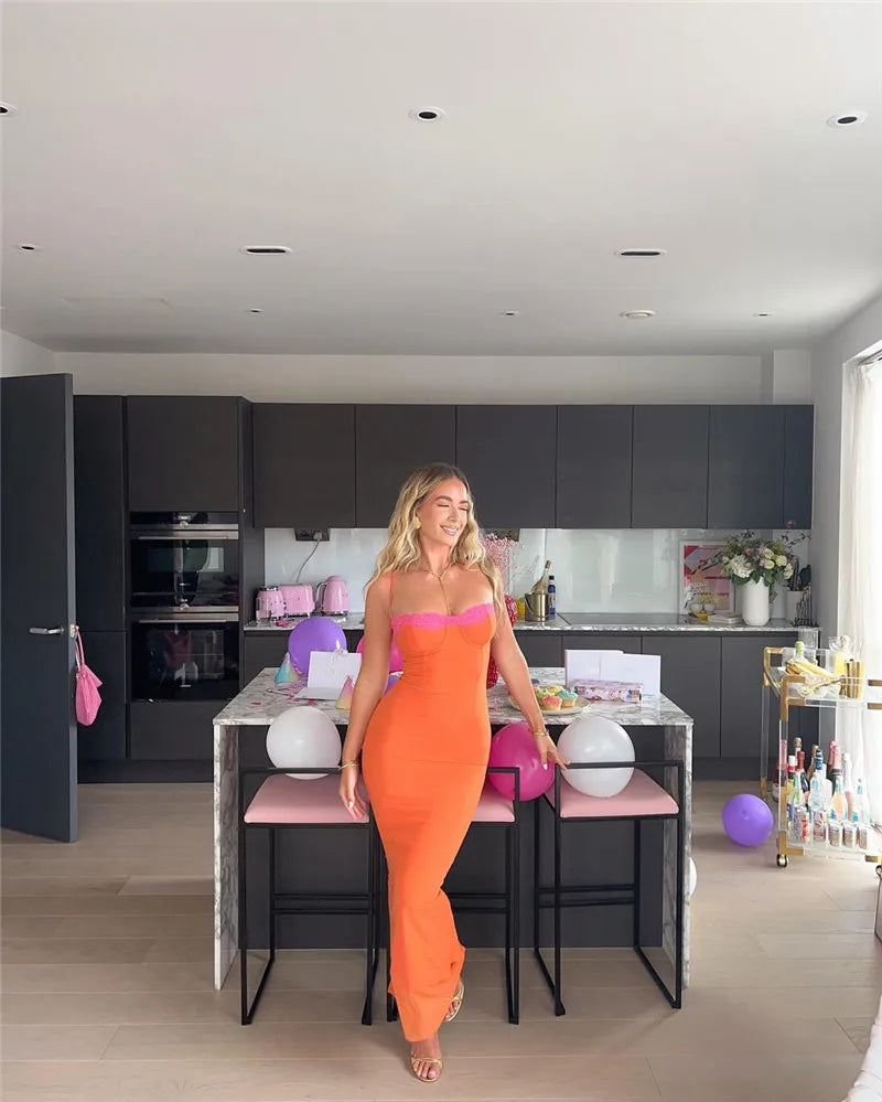 Lace Spaghetti Strap Bodycon Maxi Dress Women Gown Patchwork Fashion Sleeveless Backless Sexy Club Party Dress Elegant