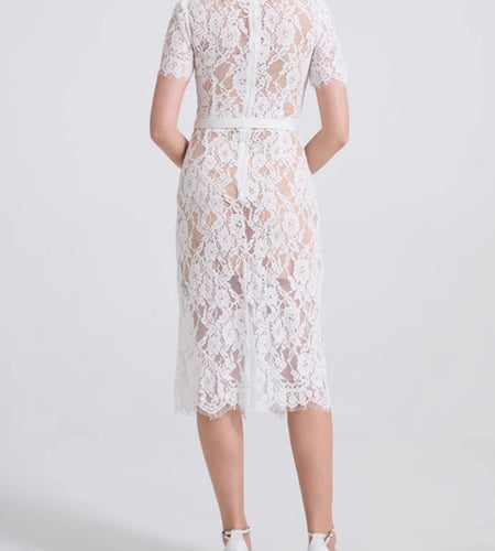 Solid Spliced Lace Slimming Dresses For Women O Neck Short Sleeve High Waist Patchwork Button Dress Female Fashion