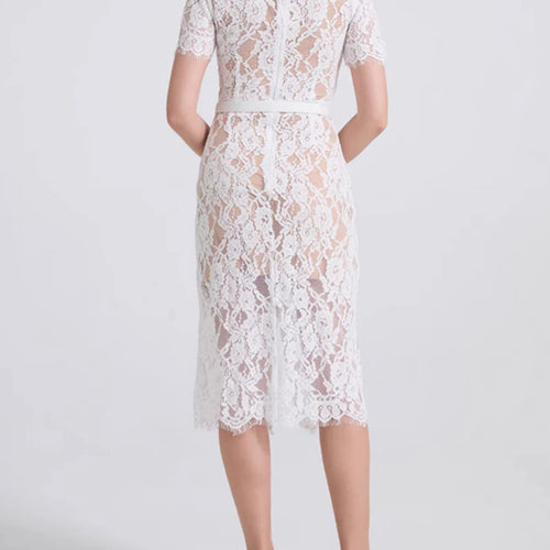 Load image into Gallery viewer, Solid Spliced Lace Slimming Dresses For Women O Neck Short Sleeve High Waist Patchwork Button Dress Female Fashion
