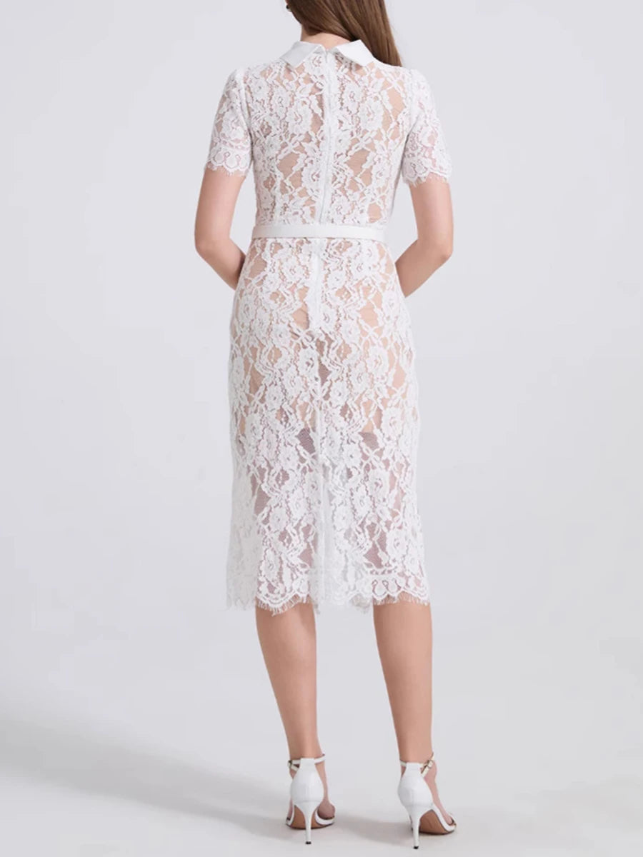 Solid Spliced Lace Slimming Dresses For Women O Neck Short Sleeve High Waist Patchwork Button Dress Female Fashion