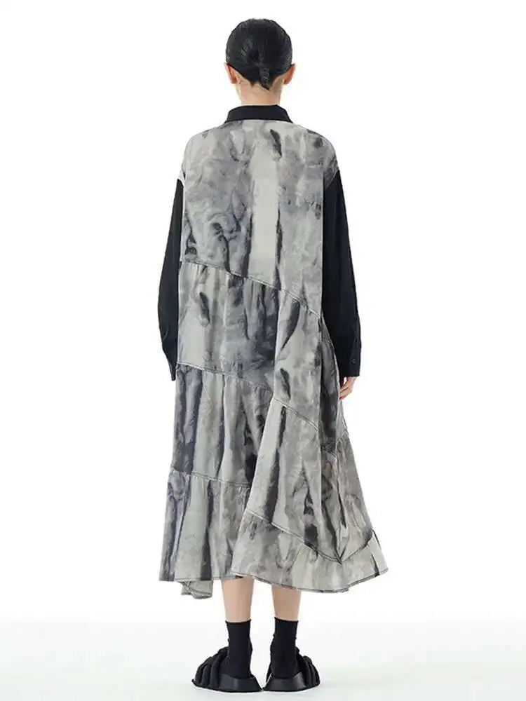 Women Black Pattern Printed Big Size Midi Shirt Dress New Lapel Long Sleeve Fashion Tide Spring Autumn 2025 1DH4765