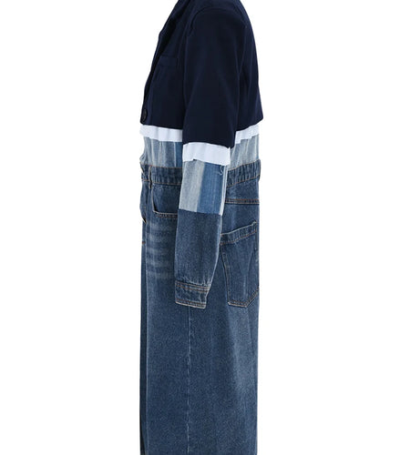 Women Blue Denim Color-block Big Size Trench New Lapel Long Sleeve Windbreaker Fashion Tide Spring Autumn 2025 1DH2825