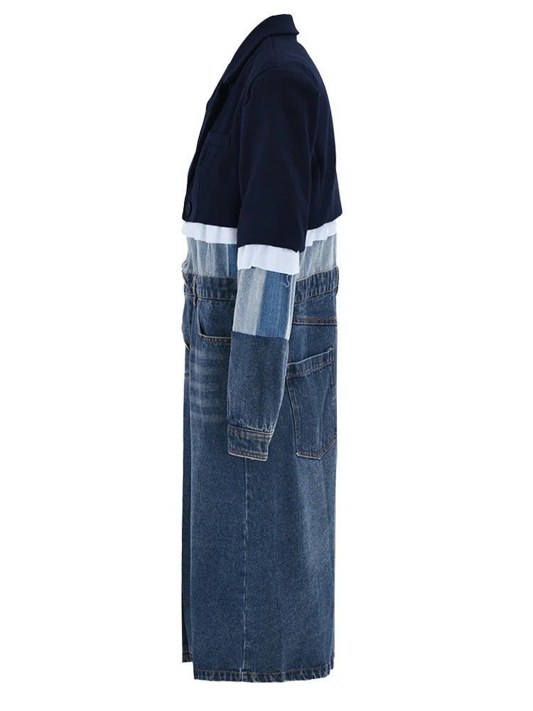 Women Blue Denim Color-block Big Size Trench New Lapel Long Sleeve Windbreaker Fashion Tide Spring Autumn 2025 1DH2825