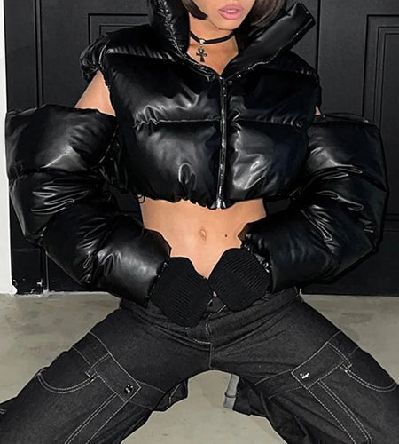 Streetwear Black Turtleneck Autumn Winter Jacket Women Zip-Up Puffer Parka Coat Crop Cold Shoulder Fashion Outerwear