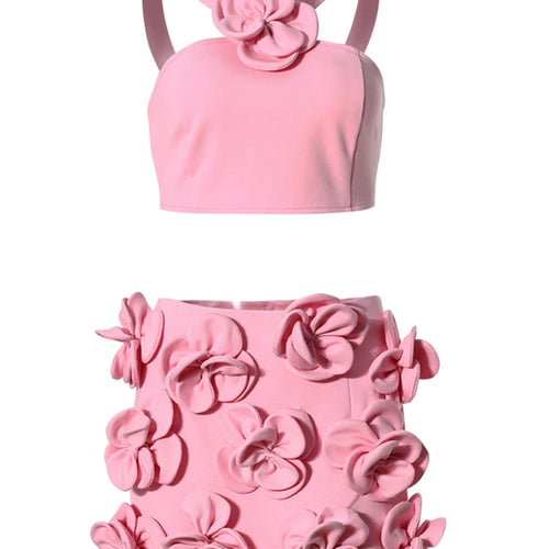 Load image into Gallery viewer, Solid Spliced Appliques Two Piece Set For Women Halter Sleeveless Top High Waist Mini Slimming Skirt Sets Female
