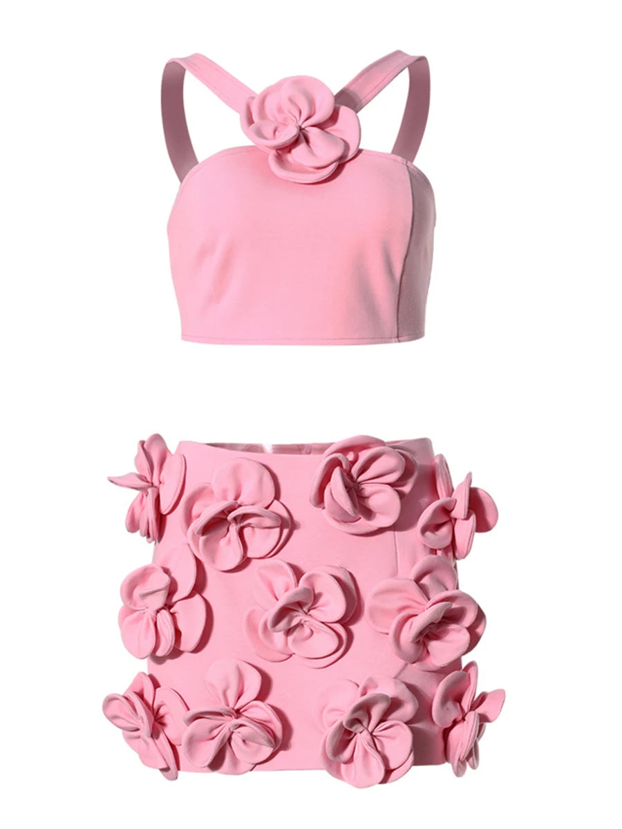 Solid Spliced Appliques Two Piece Set For Women Halter Sleeveless Top High Waist Mini Slimming Skirt Sets Female