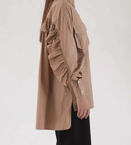 omen Khaki Ruffles Irregular Big Size Long Blouse New Lapel Long Sleeve Shirt Fashion Tide Spring Autumn 2025 2AA4728