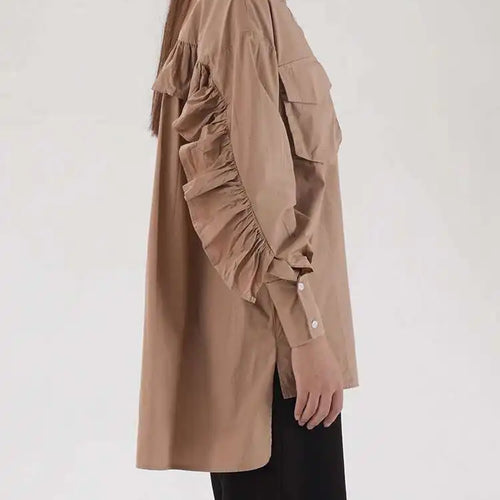 Load image into Gallery viewer, omen Khaki Ruffles Irregular Big Size Long Blouse New Lapel Long Sleeve Shirt Fashion Tide Spring Autumn 2025 2AA4728
