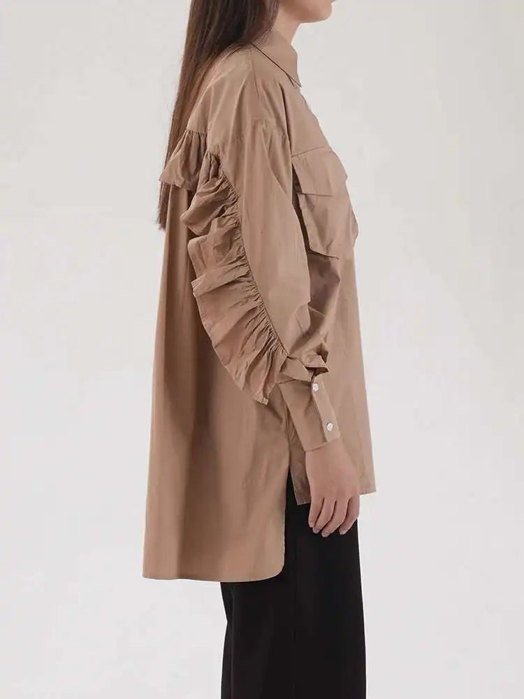 omen Khaki Ruffles Irregular Big Size Long Blouse New Lapel Long Sleeve Shirt Fashion Tide Spring Autumn 2025 2AA4728
