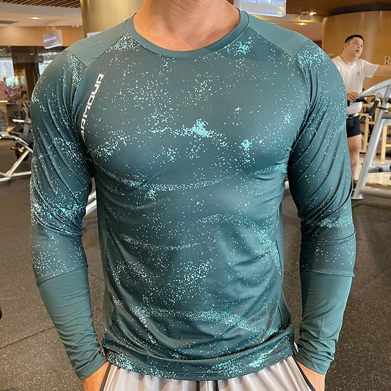 Quick Dry Gym Long Sleeve Shirt Men Fitness Training T-shirt Running Sport Bodybuilding Skinny Tee Tops Running Workout Clothing