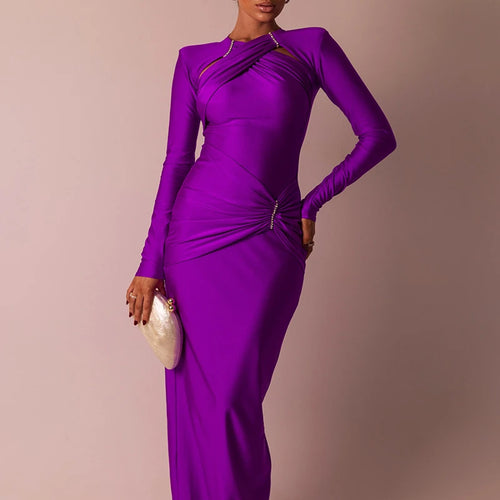 Load image into Gallery viewer, Hollow Out Long Sleeve Sexy Maxi Dress For Women Gown Fashion Solid Bodycon Ruched Club Evening Elegant Long Dress

