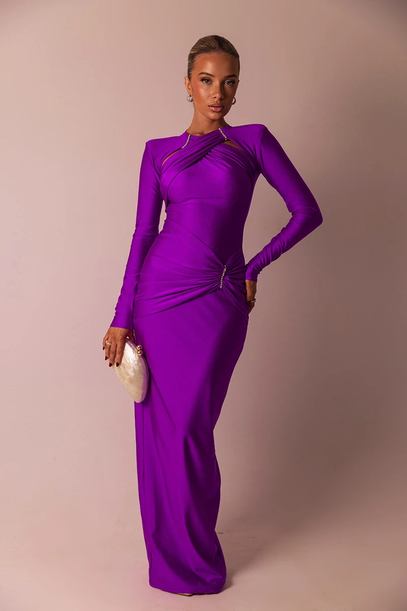 Hollow Out Long Sleeve Sexy Maxi Dress For Women Gown Fashion Solid Bodycon Ruched Club Evening Elegant Long Dress