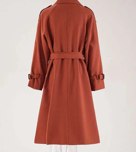 Women Red Double Breasted Big Size Elegant Trench New Lapel Long Sleeve Windbreaker Fashion Spring Autumn 2025  CPG1783