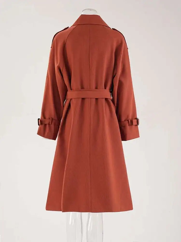 Women Red Double Breasted Big Size Elegant Trench New Lapel Long Sleeve Windbreaker Fashion Spring Autumn 2025  CPG1783