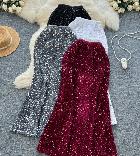Korean Fashion Spring Black White Elegant Sequin Half Skirt Women Red Grey High Waist New Office Lady Wrapped Hip Fishtail Skirt