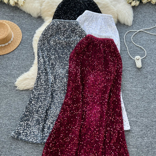 Load image into Gallery viewer, Korean Fashion Spring Black White Elegant Sequin Half Skirt Women Red Grey High Waist New Office Lady Wrapped Hip Fishtail Skirt
