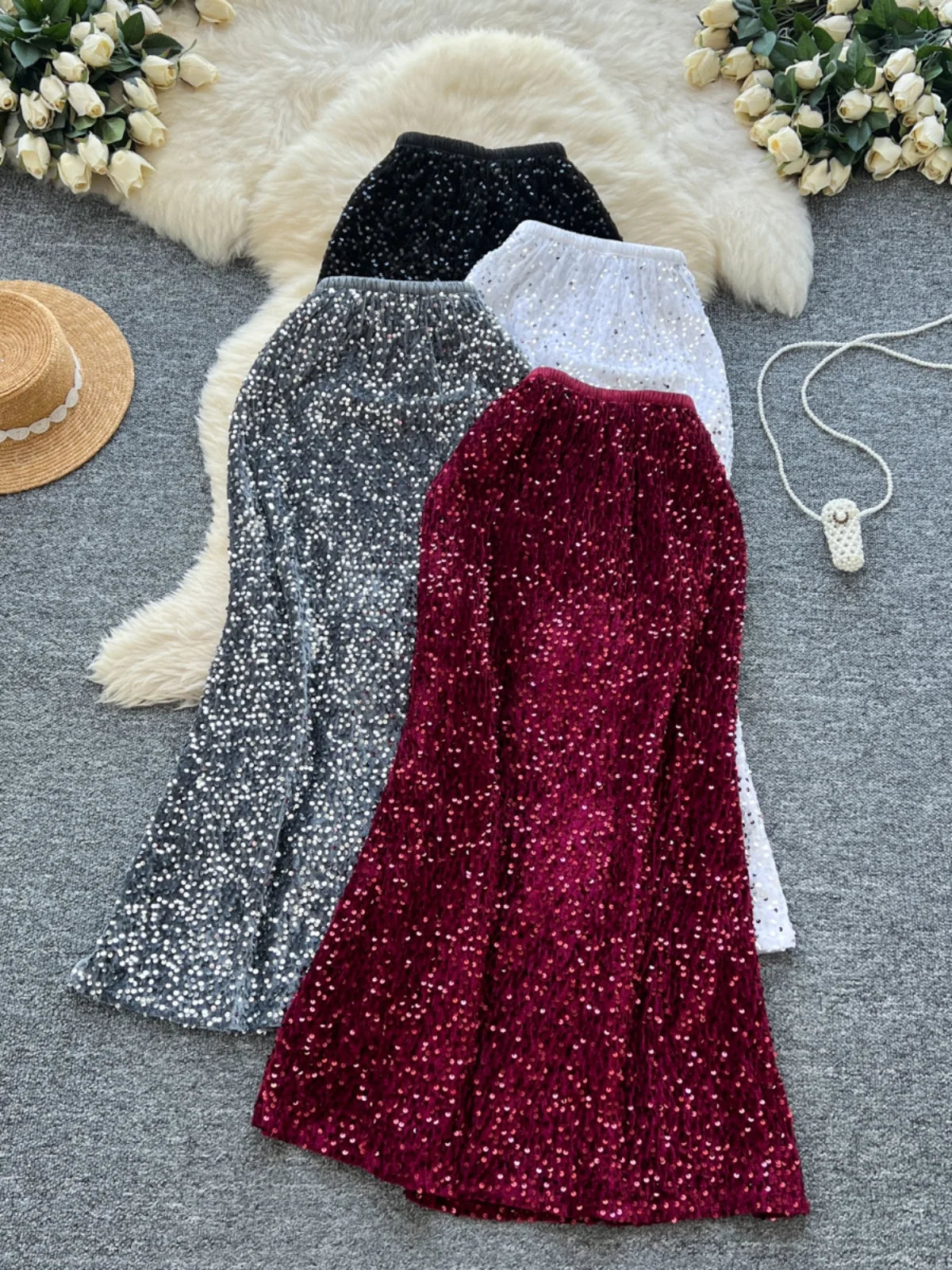 Korean Fashion Spring Black White Elegant Sequin Half Skirt Women Red Grey High Waist New Office Lady Wrapped Hip Fishtail Skirt
