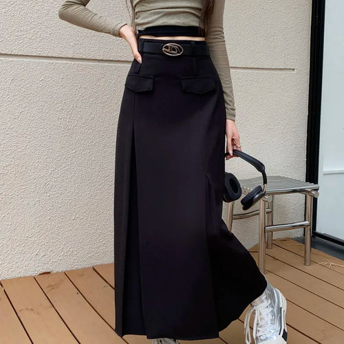 Load image into Gallery viewer, Korean Vintage Brown High Waist Slim Suit Pleated Skirts Women 2023 Spring Autumn Black With Belt A Line Party Long Skirt Casual

