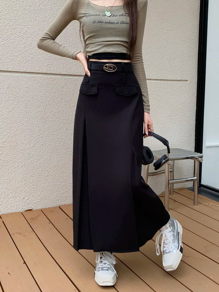 Korean Vintage Brown High Waist Slim Suit Pleated Skirts Women 2023 Spring Autumn Black With Belt A Line Party Long Skirt Casual