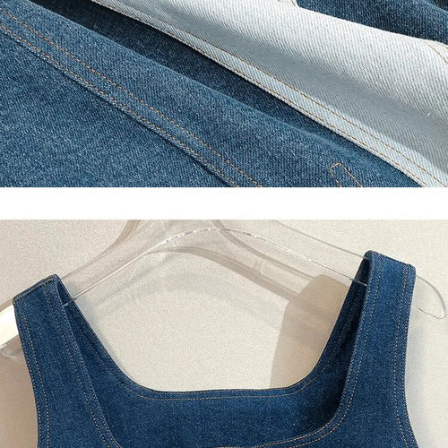 Load image into Gallery viewer, Denim Tank Tops For Women Square Collar Sleeveless Tunic Patchwork Button Split Off Shoulder Vest Female Fashion
