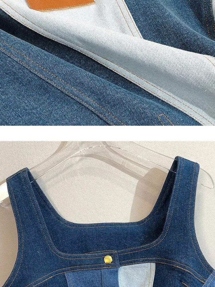 Denim Tank Tops For Women Square Collar Sleeveless Tunic Patchwork Button Split Off Shoulder Vest Female Fashion