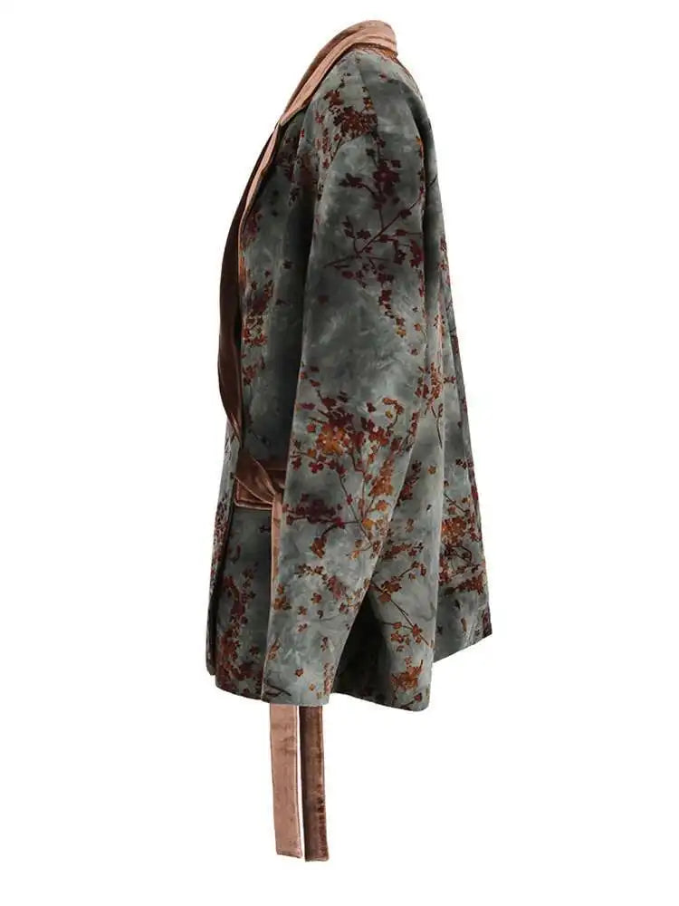 Women Green Flocking Bandage Big Size Vintage Blazer New Lapel Long Sleeve Jacket Fashion Tide Spring Autumn 2025 CPG1129