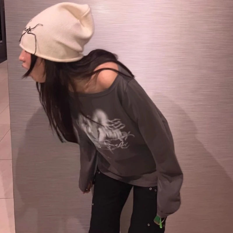 Streetwear Y2k T Shirts Women's Clothing Long Sleeve Print Oversized Tops Korean Camisetas Fashion Casual Tees 2024 Ropa Mujer
