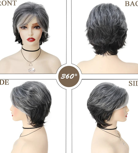 Synthetic Pixie Cut Grey Short Curly Wigs for Women Natural Layered Ombre Wig with Bangs Salt and Pepper Wigs Old Lady Mommy Wig